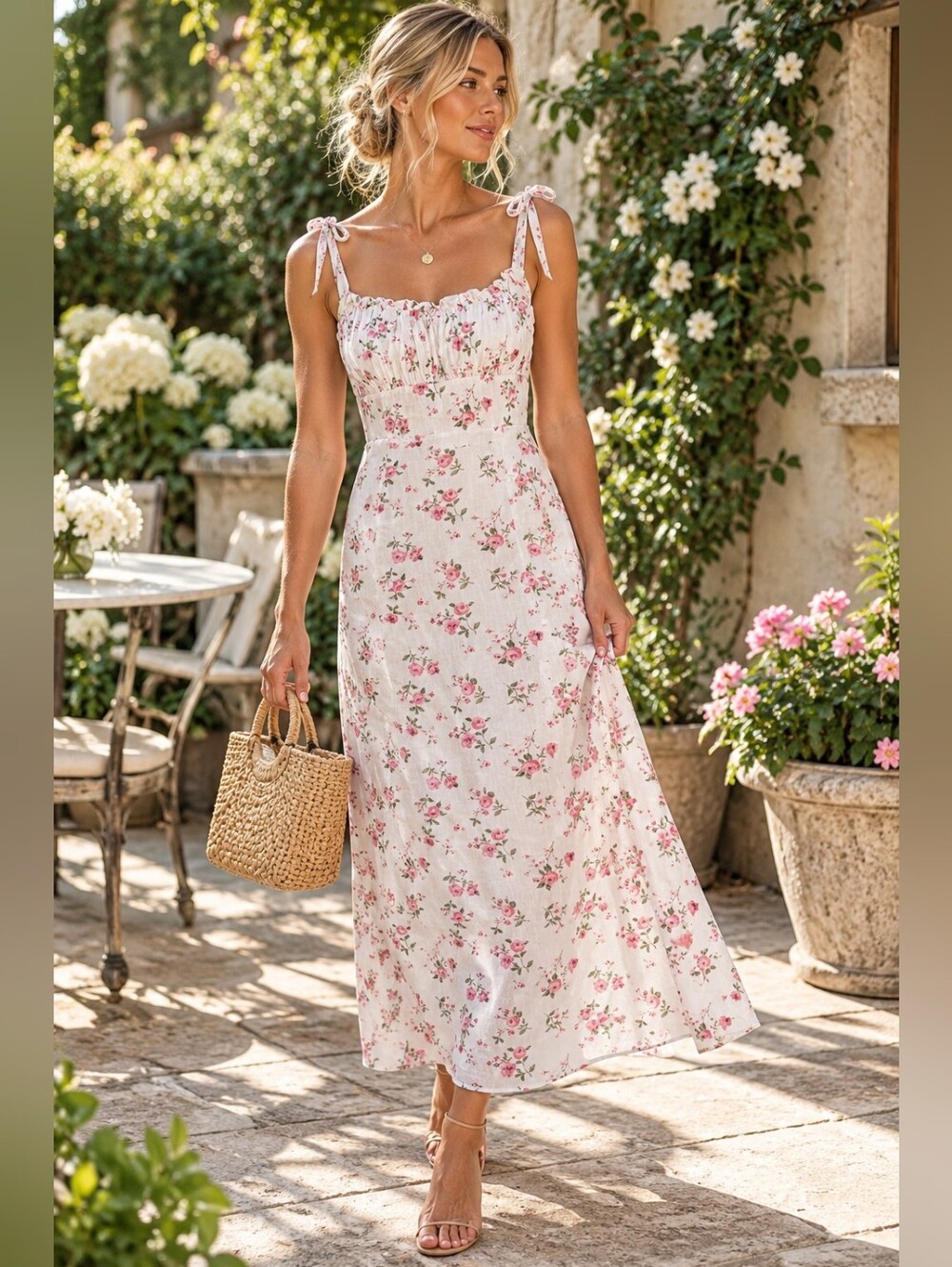 WAYF XS Linen Blend Pink Floral Tie Strap Midi Dress Cottagecore
